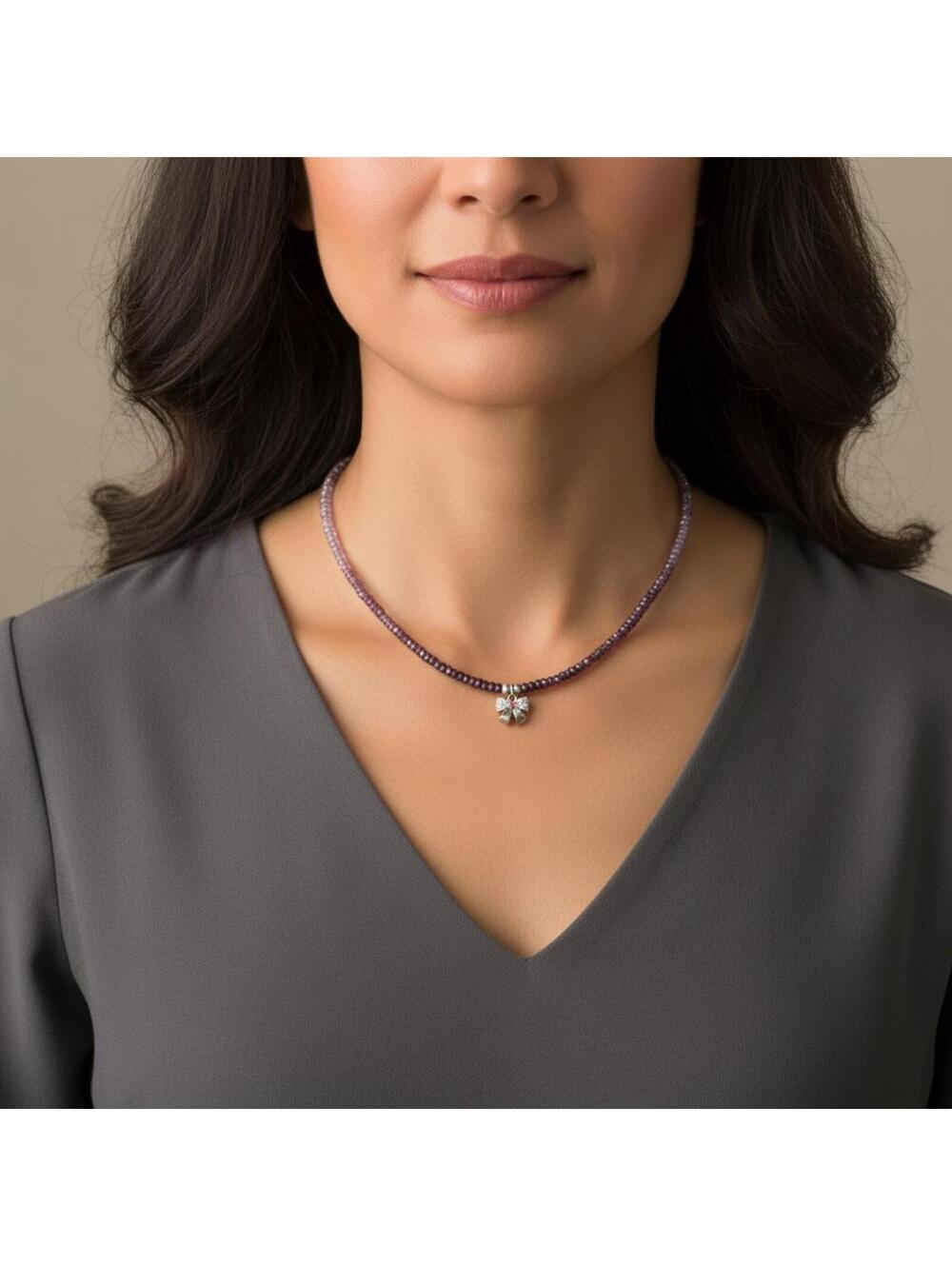 Ombré Faceted Amethyst Beaded Necklace - Sterling Silver Diamond Bow Charm